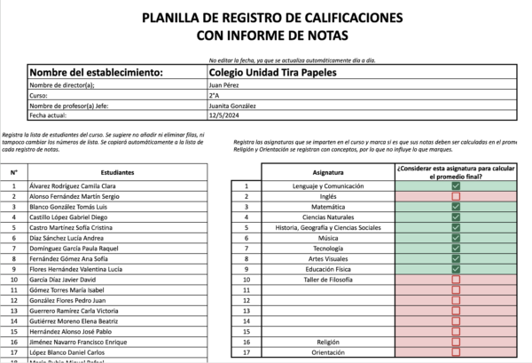 Planilla Registro de Calificaciones