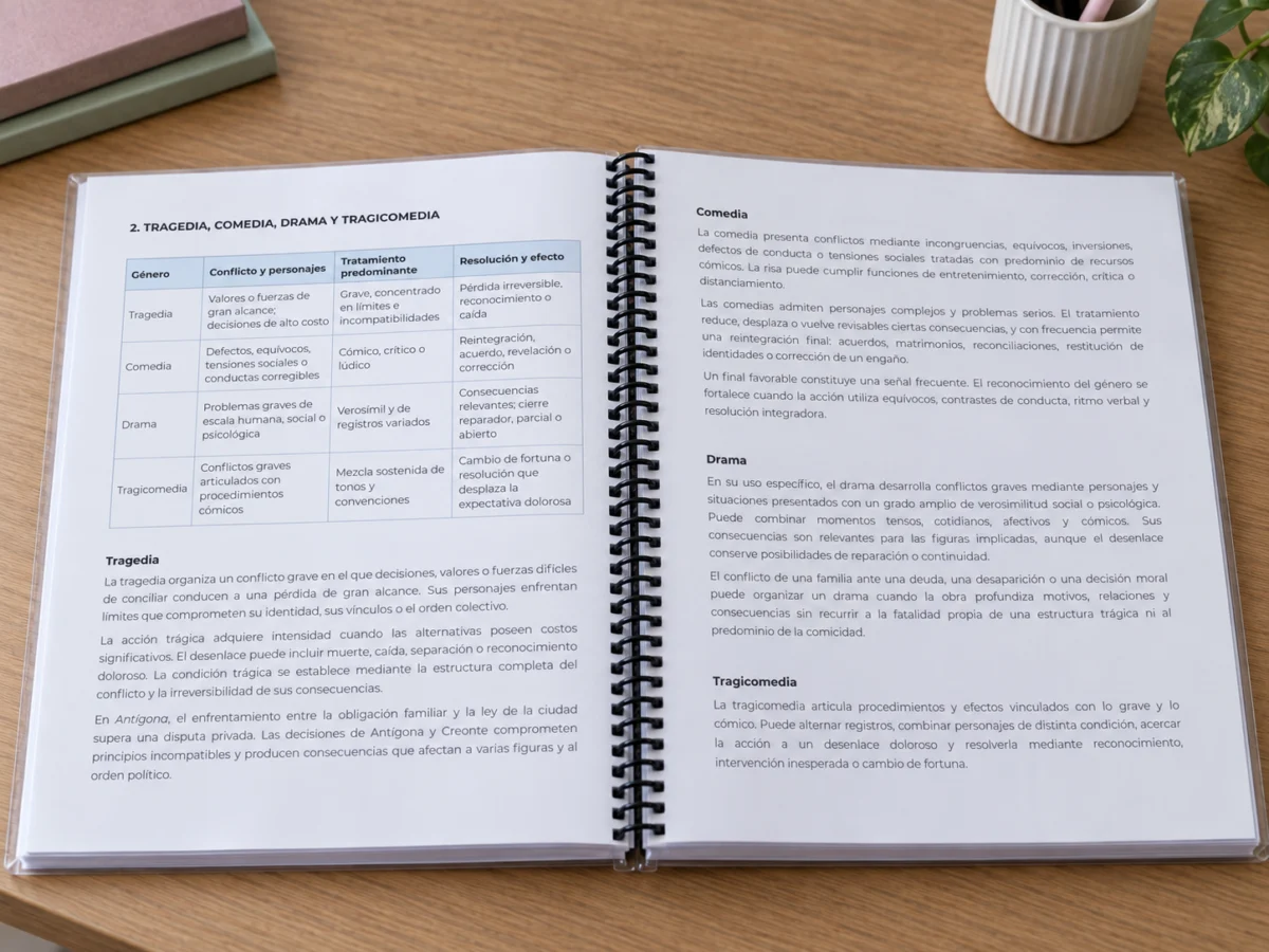 Páginas interiores del dossier de Lengua y Literatura Media, con textos y análisis