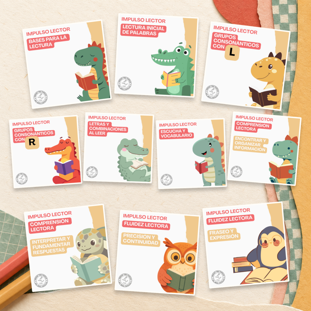 Composición con las portadas de los diez sets de Cuadernillos para Impulso Lector.