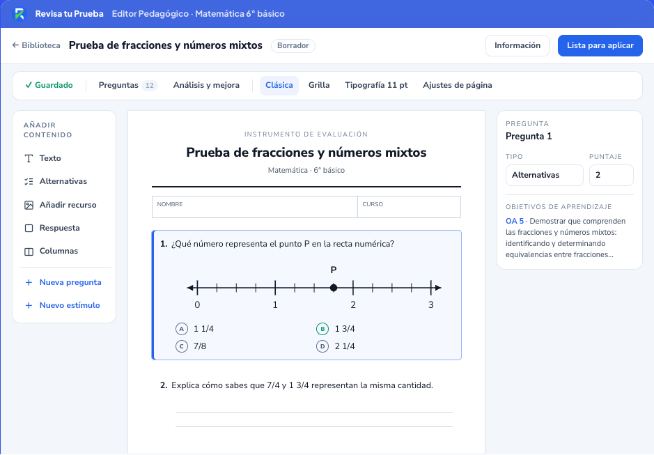 Demostración pública del Editor Pedagógico de Revisa tu Prueba con una evaluación de Matemática, preguntas y objetivos de aprendizaje.